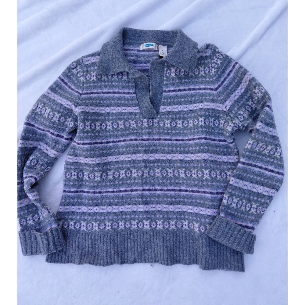 Old Navy Womens XL Grey Purple Fair Isle 100% Lambswool Polo V-Neck Sweater